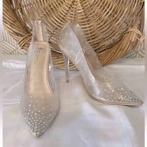 Bisou Bisou Diamond-Studded Bejeweled Clear Lucite Pointed Pumps Heels Sz 7.5